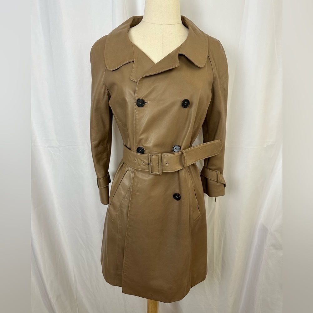 Prada Camel Taupe Leather Belted Trench Coat 3/4 Sleeve IT 38